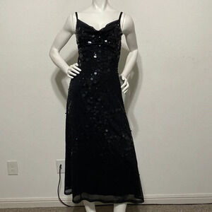 Tadashi Black Sequin Sleeveless Cowl Neck Evening Cocktail Party Midi Dress